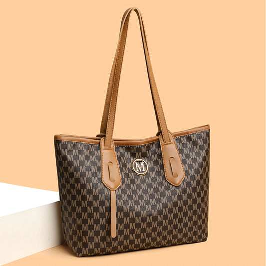 👜✨ Vintage Monogram Tote Bag | PU Leather Shoulder Bag with M-Ring Accent, Zipper Closure & Large Capacity – Perfect for Daily Commute