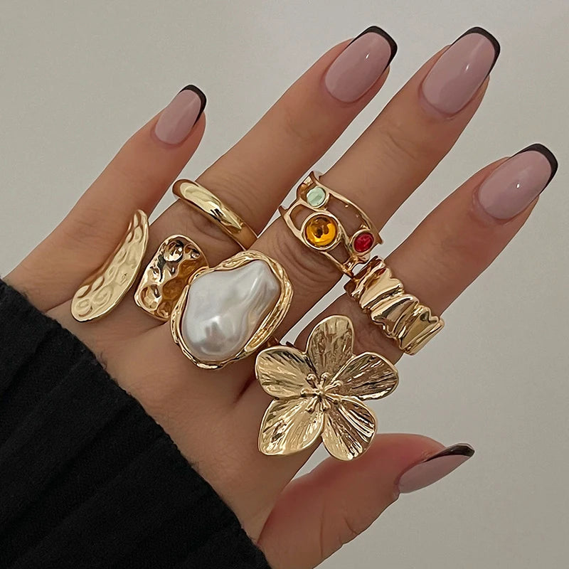 "Luxury 6Pcs Punk Ring Set ✨ – Open Metal Rings with Crystal & Pearl for Men & Women"