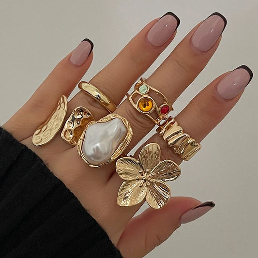 "Luxury 6Pcs Punk Ring Set ✨ – Open Metal Rings with Crystal & Pearl for Men & Women"