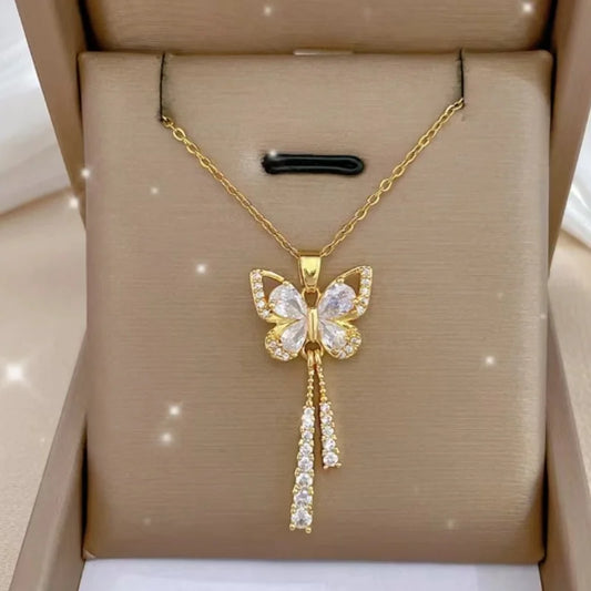 🦋✨ Butterfly Tassel Necklace – Zircon & Titanium Steel, Elegant Gift for Her 🎁💖