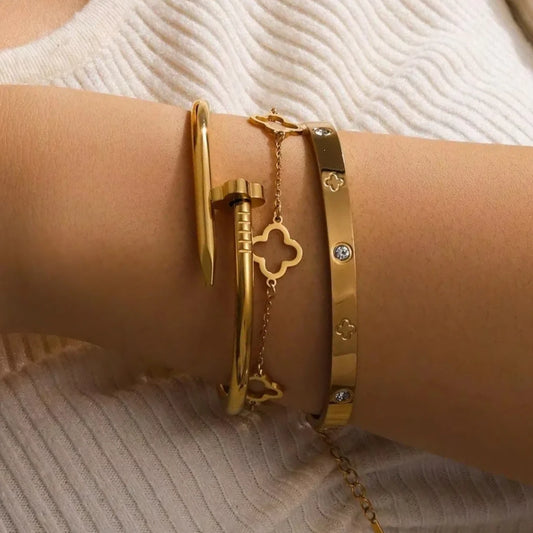 🍀 3-Piece Lucky Clover Bracelet Set - Stainless Steel Charm Bracelets! 🍀