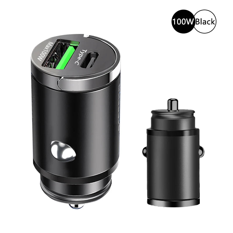 100W Mini Car Charger – Fast PD + QC3.0 USB Type-C Charging for iPhone, Xiaomi, Samsung, Huawei 🔋📱💨