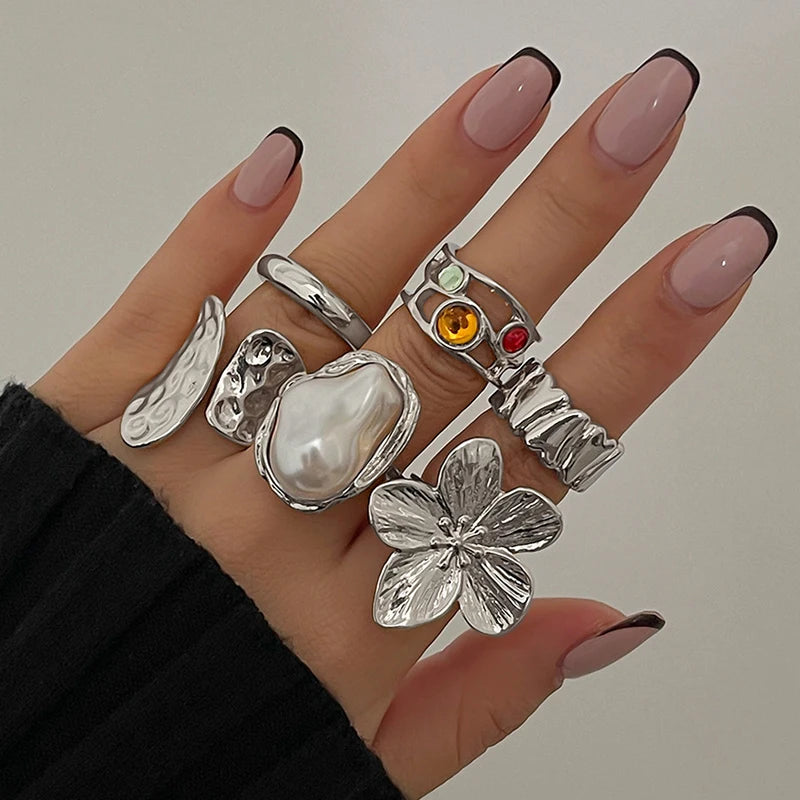 "Luxury 6Pcs Punk Ring Set ✨ – Open Metal Rings with Crystal & Pearl for Men & Women"
