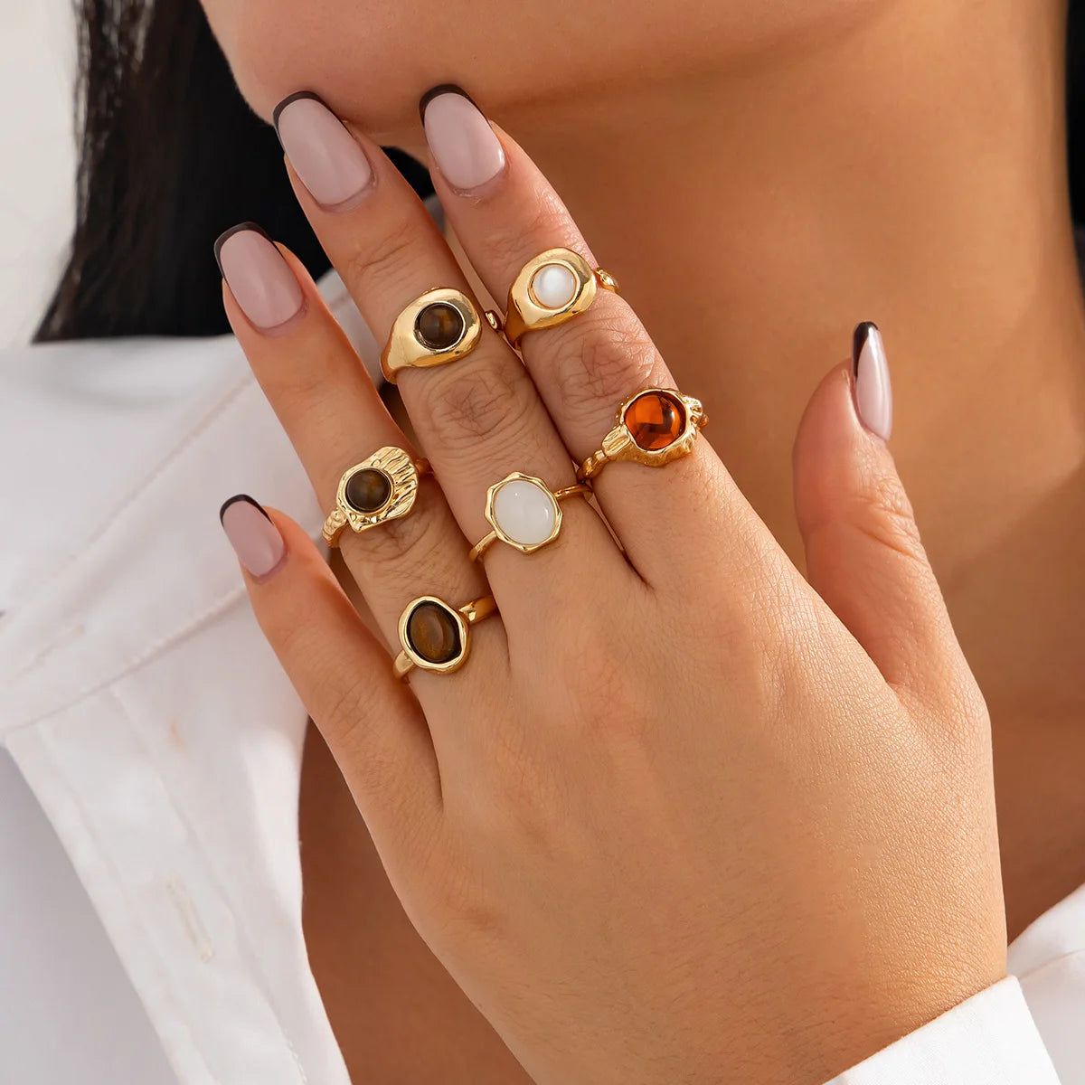 "Luxury 6Pcs Punk Ring Set ✨ – Open Metal Rings with Crystal & Pearl for Men & Women"
