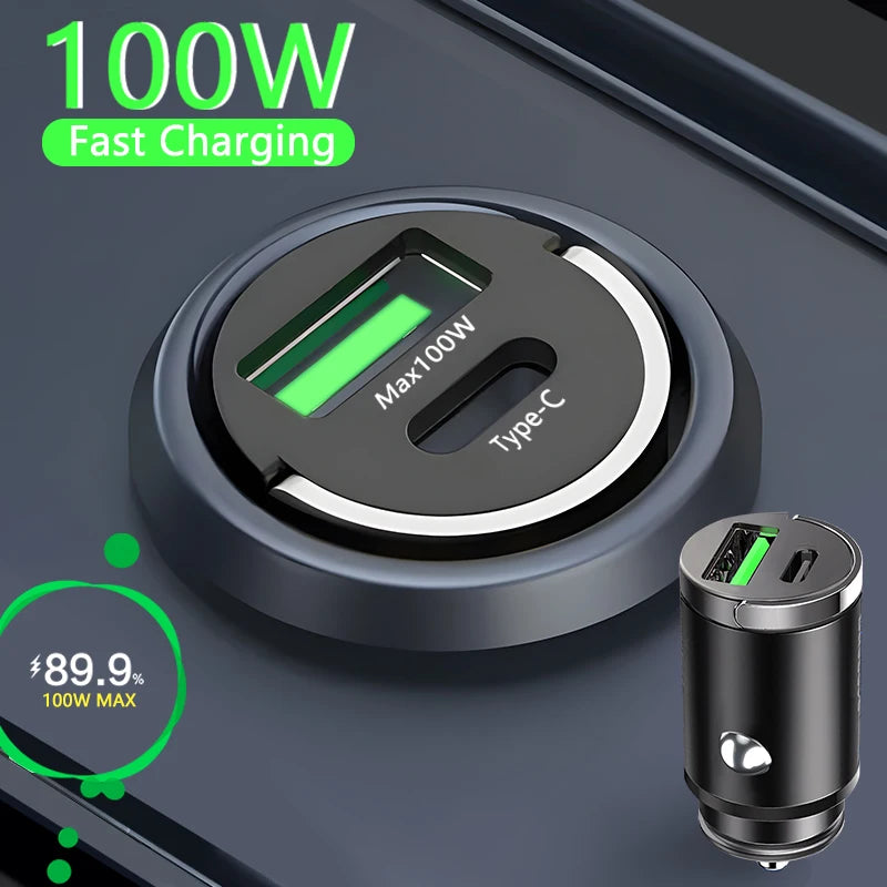 100W Mini Car Charger – Fast PD + QC3.0 USB Type-C Charging for iPhone, Xiaomi, Samsung, Huawei 🔋📱💨