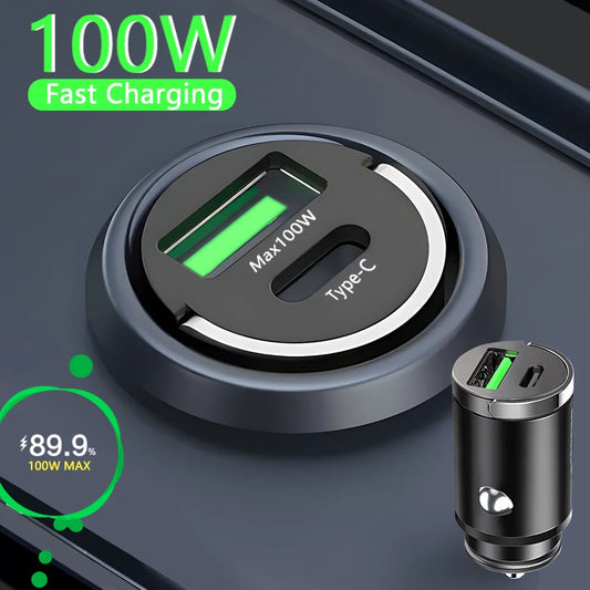 100W Mini Car Charger – Fast PD + QC3.0 USB Type-C Charging for iPhone, Xiaomi, Samsung, Huawei 🔋📱💨