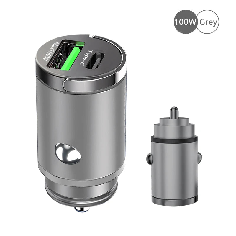 100W Mini Car Charger – Fast PD + QC3.0 USB Type-C Charging for iPhone, Xiaomi, Samsung, Huawei 🔋📱💨