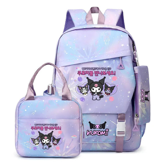 🎒🌈 Kuromi Colorful Bag Set – 3-Piece Complete for School & Everyday Use! 🎀🍱