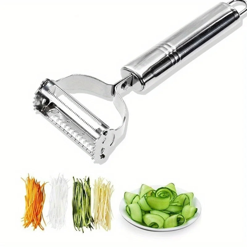 🍅🔪 قشارة خضروات وفواكه ستانلس ستيل برأسين – متعددة الاستخدامات لمنزل عملي ومطبخ مرتب! 🍎🥒