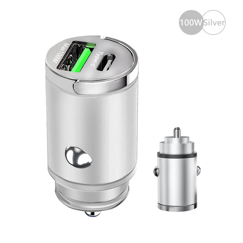 100W Mini Car Charger – Fast PD + QC3.0 USB Type-C Charging for iPhone, Xiaomi, Samsung, Huawei 🔋📱💨