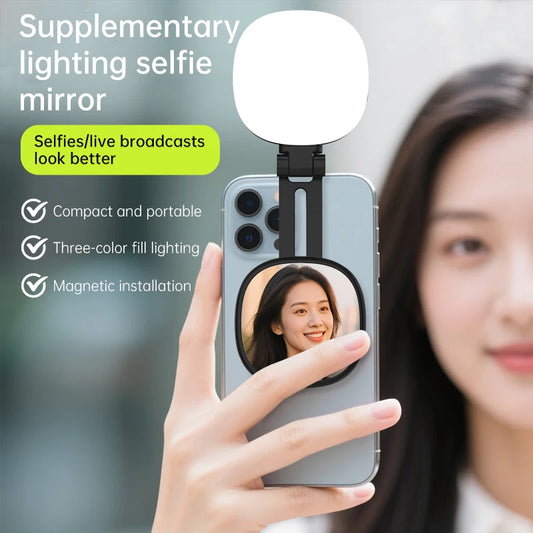Magnetic multi-functional mobile phone selfie mirror mini fill light dual-colour adjustable reversible fill light bracket