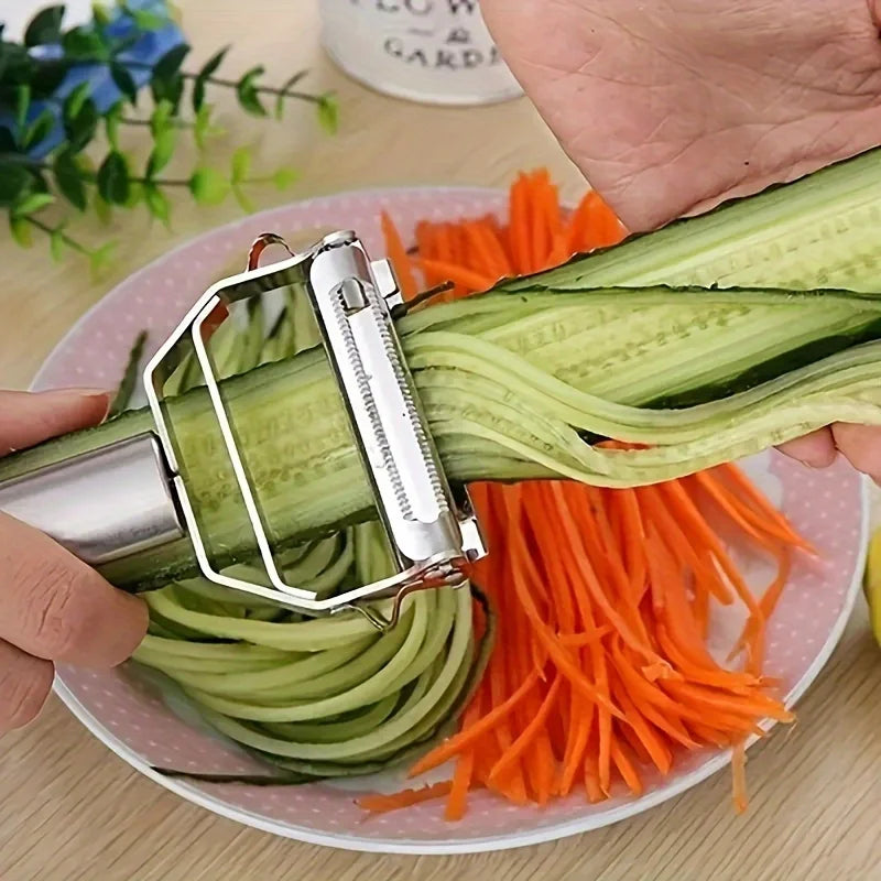 🍅🔪 قشارة خضروات وفواكه ستانلس ستيل برأسين – متعددة الاستخدامات لمنزل عملي ومطبخ مرتب! 🍎🥒
