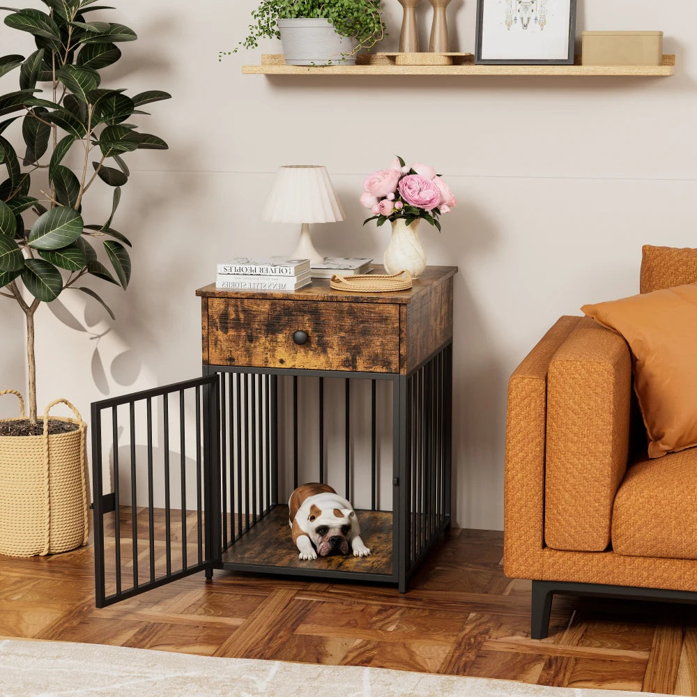 "🏠🐶 Stylish Dog Crate Furniture – Cozy Kennel + Drawer & Table in One! 🐾🛋️✨"