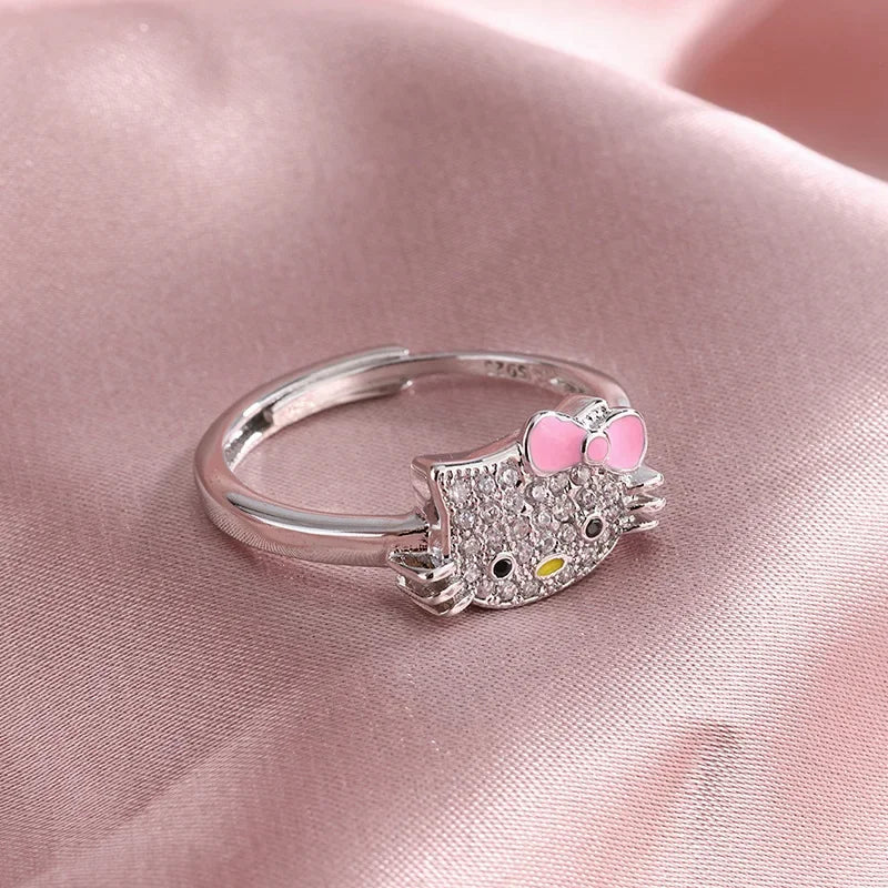💖 Kawaii Hello Kitty & Kuromi Ring 💍 Adjustable Couple Silver Ring 🎁 Cute Anime Gift for Kids
