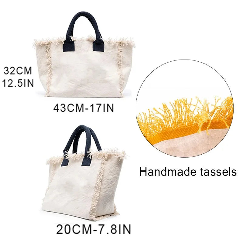 👜🌞 Summer American-Style Stripe Tote | Women’s Canvas Handbag with Tassel – Customizable Letters, Perfect for Beach & Wedding Gift