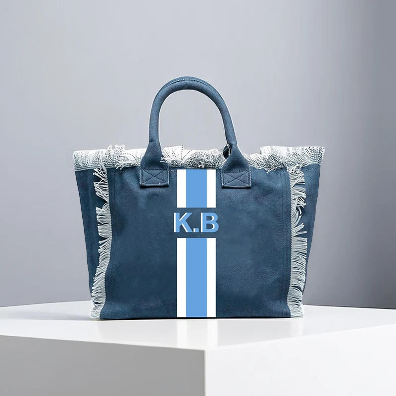 👜🌞 Summer American-Style Stripe Tote | Women’s Canvas Handbag with Tassel – Customizable Letters, Perfect for Beach & Wedding Gift