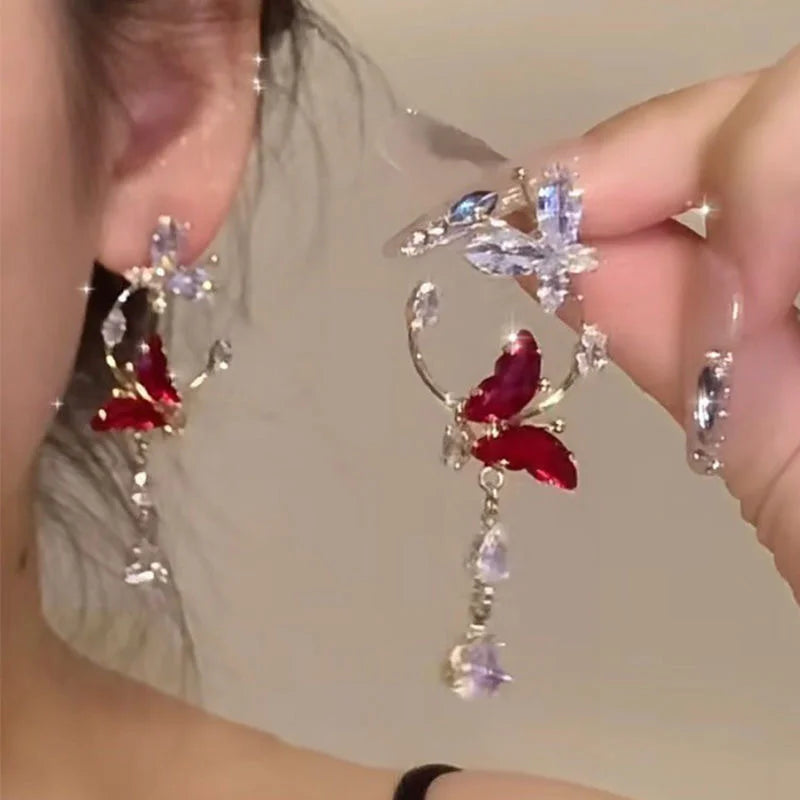 🔥💎 BUTTERFLY DROP EARRINGS - RED ZIRCON GLAM! 💎🔥