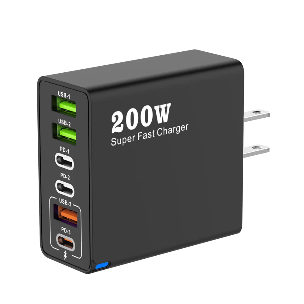 200W 6 Port USB C Charger Super Fast Charging PD3.0 USB C Type C Mobile Phone Charger For iPhone 16 SE4 Samsung Xiaomi ipad