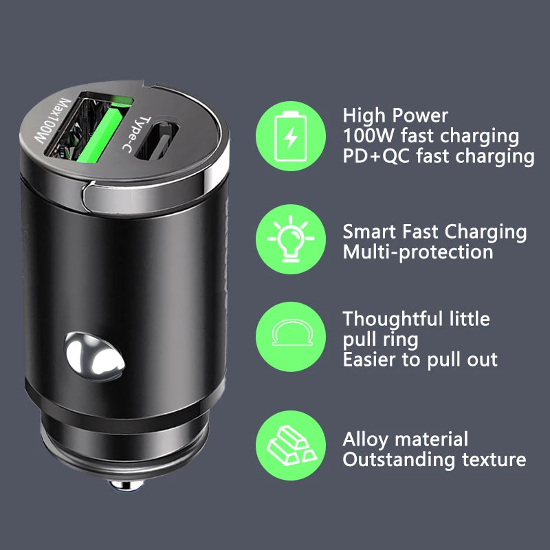 100W Mini Car Charger – Fast PD + QC3.0 USB Type-C Charging for iPhone, Xiaomi, Samsung, Huawei 🔋📱💨