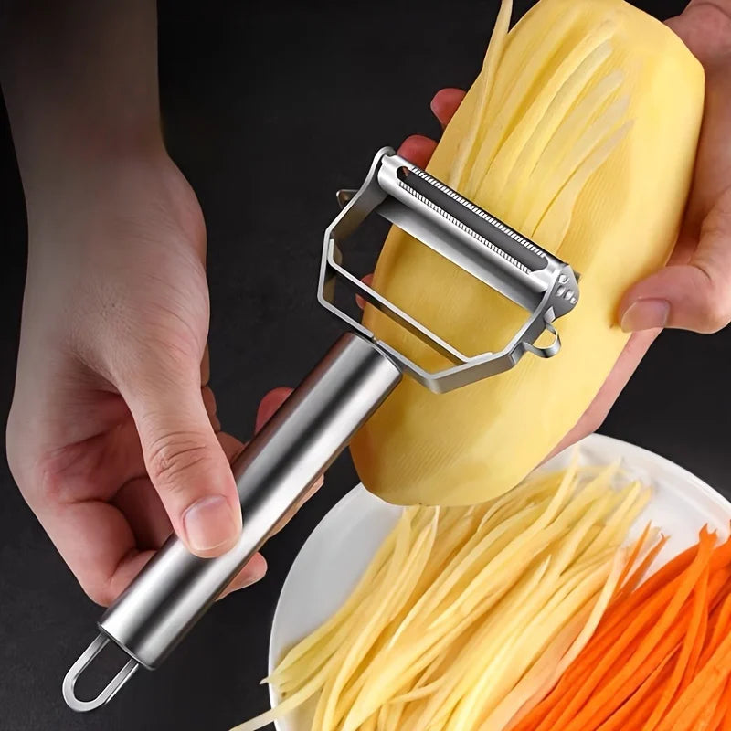 🍅🔪 قشارة خضروات وفواكه ستانلس ستيل برأسين – متعددة الاستخدامات لمنزل عملي ومطبخ مرتب! 🍎🥒