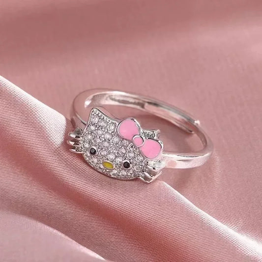 💖 Kawaii Hello Kitty & Kuromi Ring 💍 Adjustable Couple Silver Ring 🎁 Cute Anime Gift for Kids