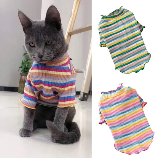 🐾 Colorful Stripe Sphynx Cat Vest Shirt – 🐱 Soft Cotton Pet Clothes for Small Cats, Kittens & Dogs 🐶🎽