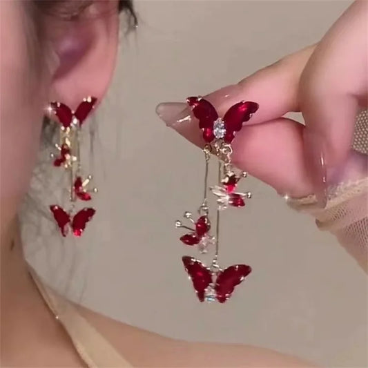 🔥💎 BUTTERFLY DROP EARRINGS - RED ZIRCON GLAM! 💎🔥