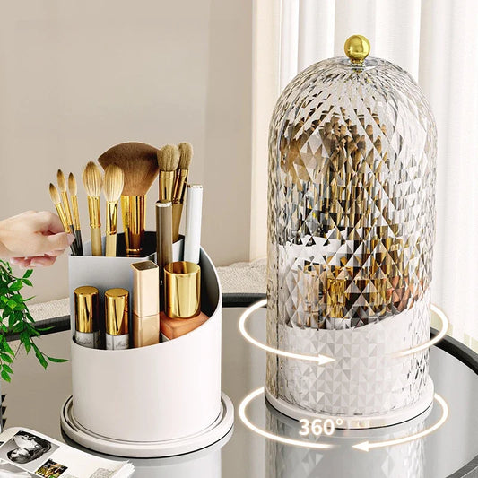Makeup Brush Holder with Lid Diamond Birdcage 360° Rotating Makeup Organizer Dustproof Cosmetics Storage Box Lipstick Container