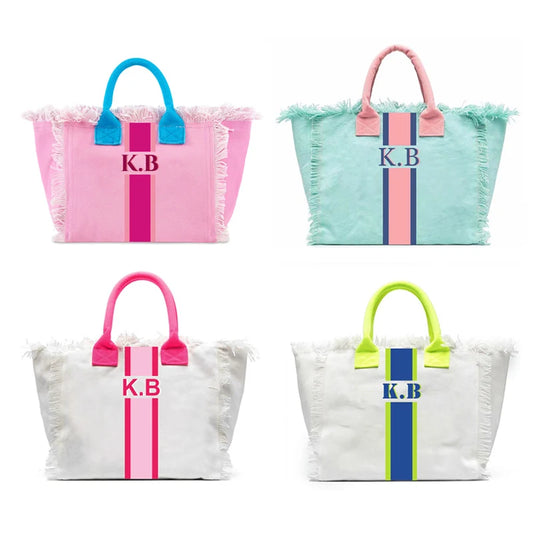 👜🌞 Summer American-Style Stripe Tote | Women’s Canvas Handbag with Tassel – Customizable Letters, Perfect for Beach & Wedding Gift