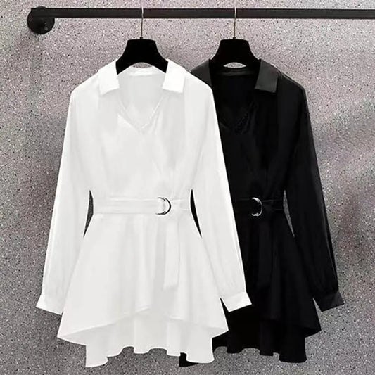 Plus Size Women's V-Neck Belted Shirt (M-4XL) – Stylish Lapel, Long Sleeves & Irregular Hem 🌸👗 Adjustable Fit for All!
