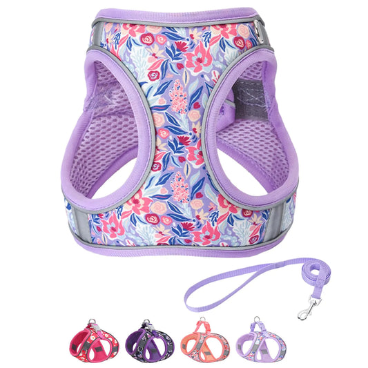 Step in Dog Harness and Leash Set Flower Adjustable Easy Walk Puppy Harnesses Soft Mesh Pet Vest Harness Small Size Dog Adjustable No Pull Dog Harness for Small Medium Dogs(Light Purple S)