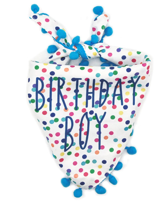 Birthday Dog Bandanas Rainbow Dot and Hand-Sewn Plush Ball Border Blue Birthday Boy Dog Kerchief Birthday Party Pet Gifts (Blue)