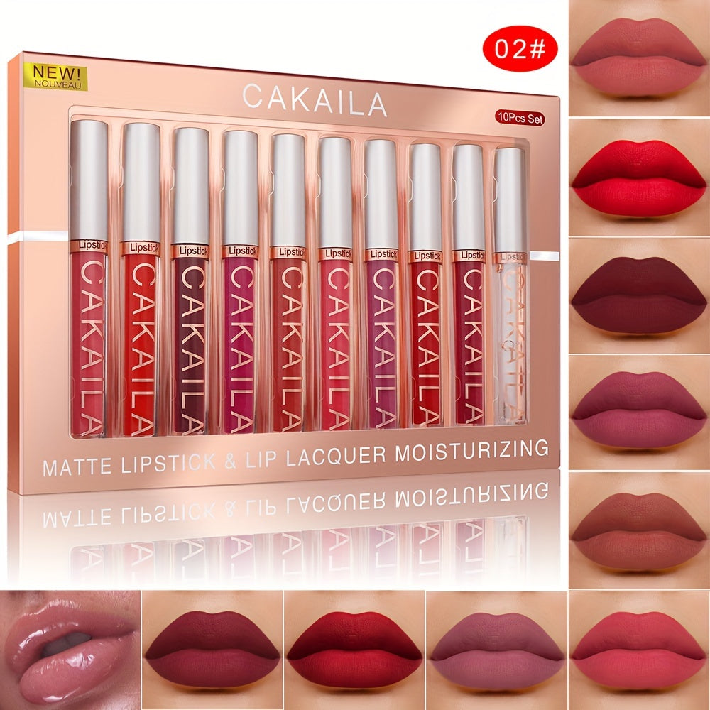 💋 CAKAILA 10-Piece Matte Liquid Lipstick Set | Long-Lasting, Waterproof, Non-Stick, Velvet Finish – Red Shades for All Skin Types