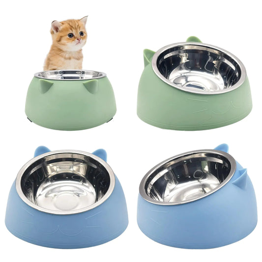 Hamiledyi Raised Cat Bowls 4 PCS Tilted 15° Elevated Stainless Steel Cat Food Bowls Anti-Vomiting Spill Proof Cat Bowls Detachable Pet Bowls for Puppies Kittens Cat Rabbits (Blue+Green 200ML)