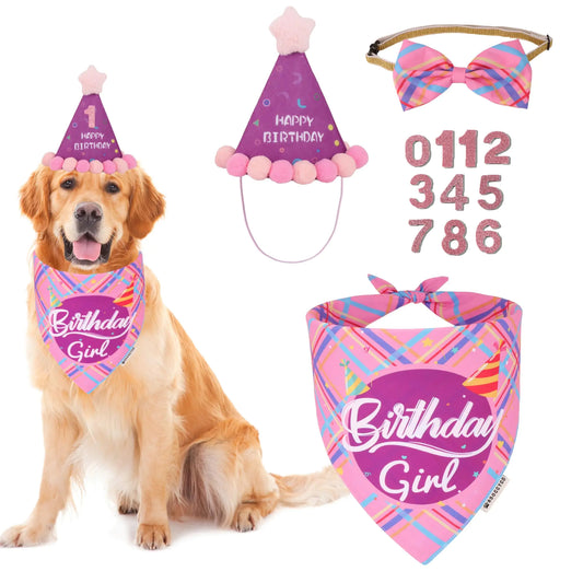 ADOGGYGO Dog Birthday Party Supplies Birthday Boy Dog Bandanas Blue Dog Birthday Hat with Numbers Pet Birthday Bandana Hat Set for Large and Extra Large Dogs Pets (Pink X-Large)